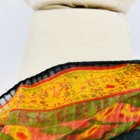 Vintage 70s Black Yellow Floral Handrolled Cotton Scarf - Picture 5 of 6